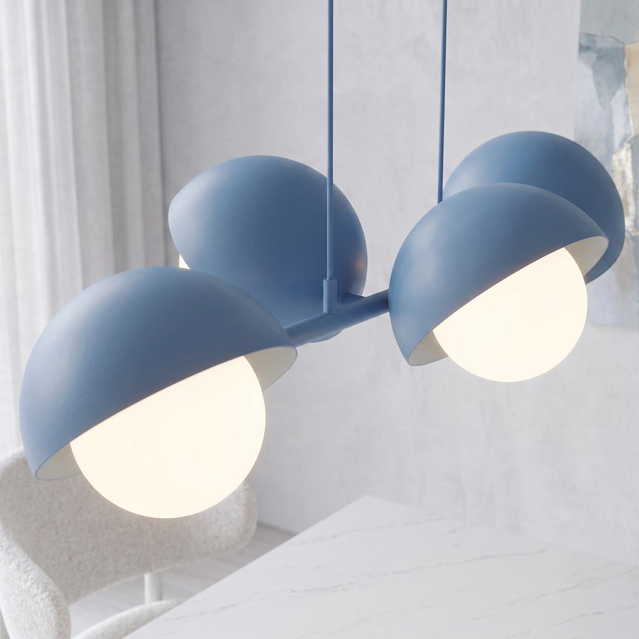 Suspension Boom 4 lumières bleue, verre blanc