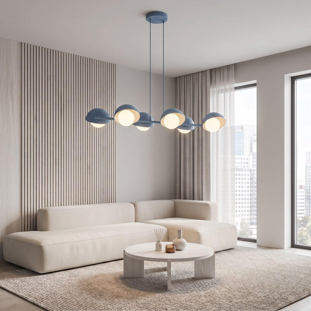 Vue en situation dans un salon contemporain avec canapé beige et mur lambrissé