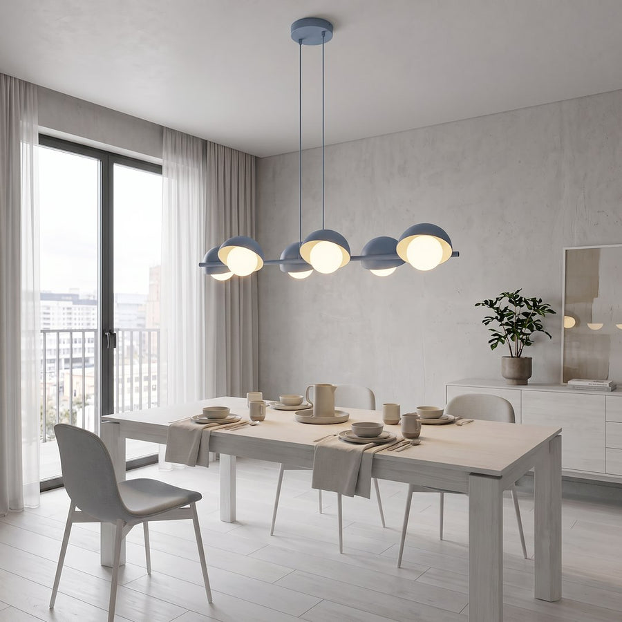 Suspension Boom 6 lumières bleue, verre blanc