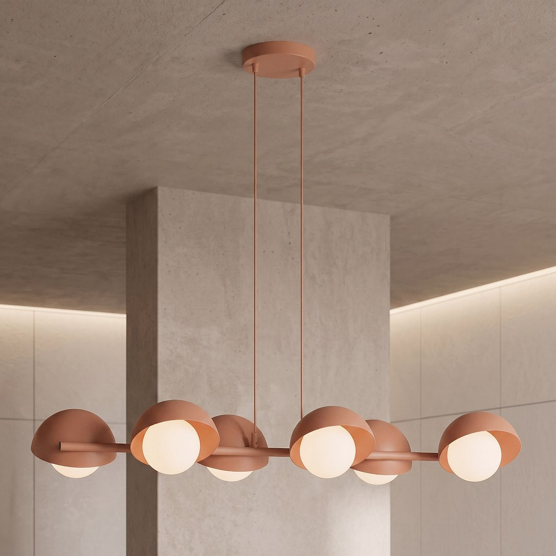 Suspension Boom 6 lumières corail, verre blanc