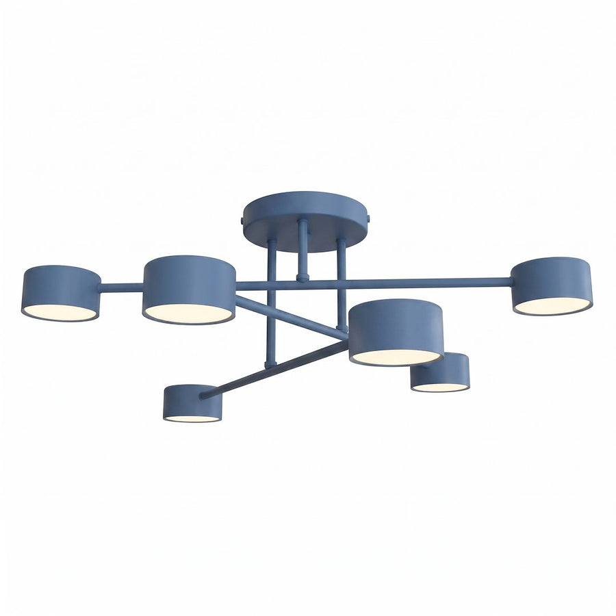 Plafonnier bleu à six diffuseurs cylindriques vu de face sur fond blanc