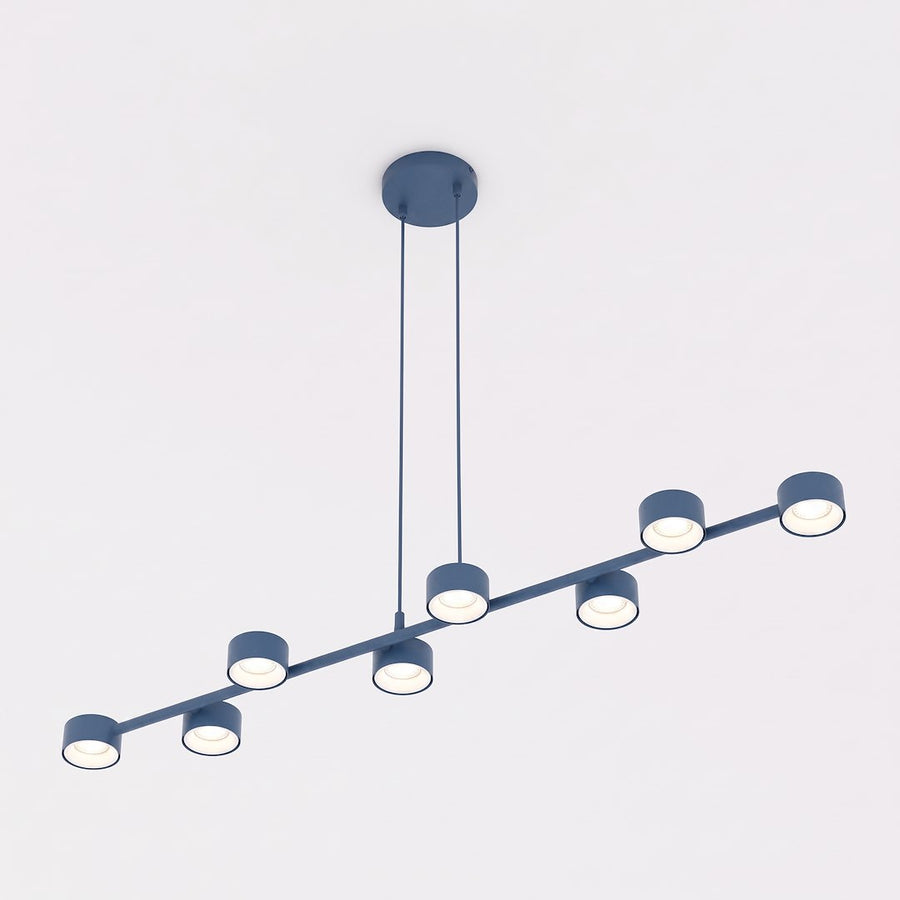 Vue trois quarts en plongée, bras incliné et spots cylindriques lumineux orientés vers le sol