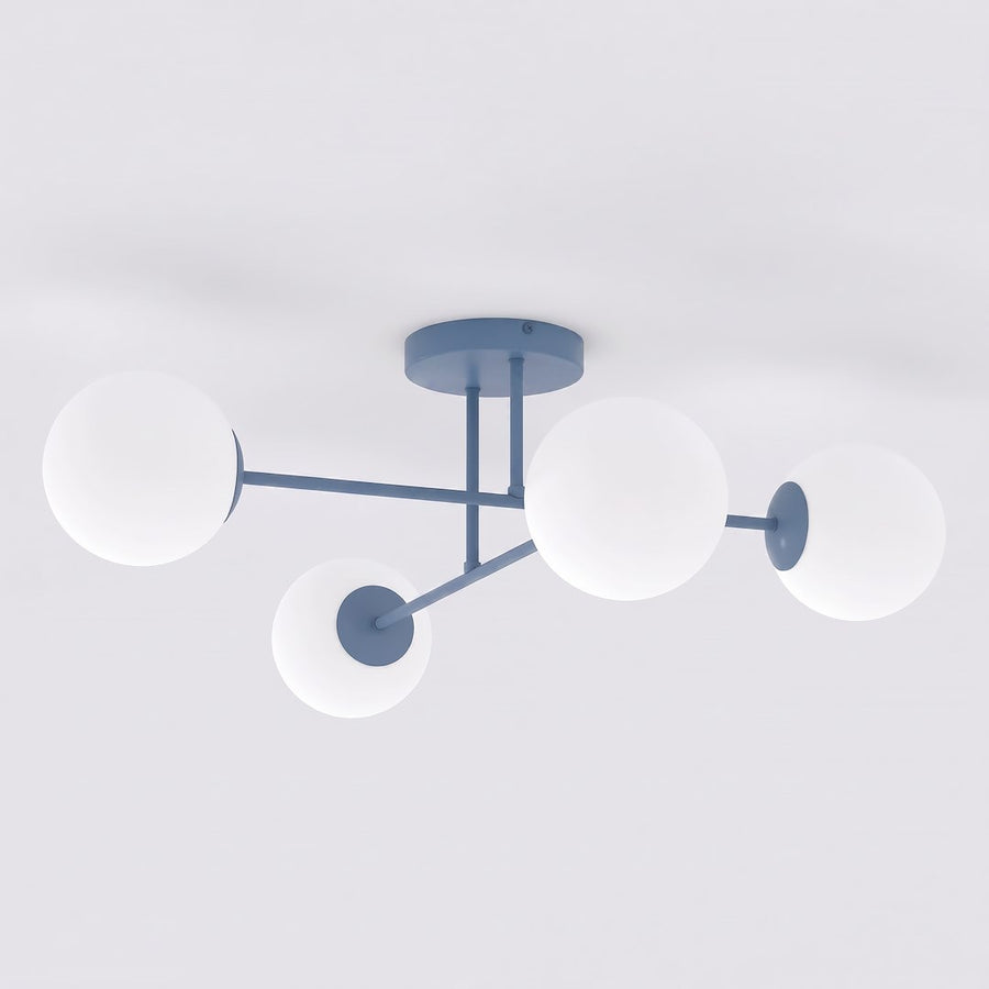 Plafonnier bleu à quatre globes de verre blanc opalin sur bras croisés