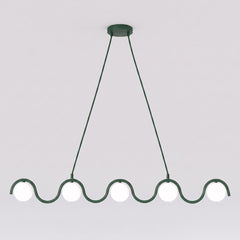Suspension Sinus 5 lumières verte, verre blanc