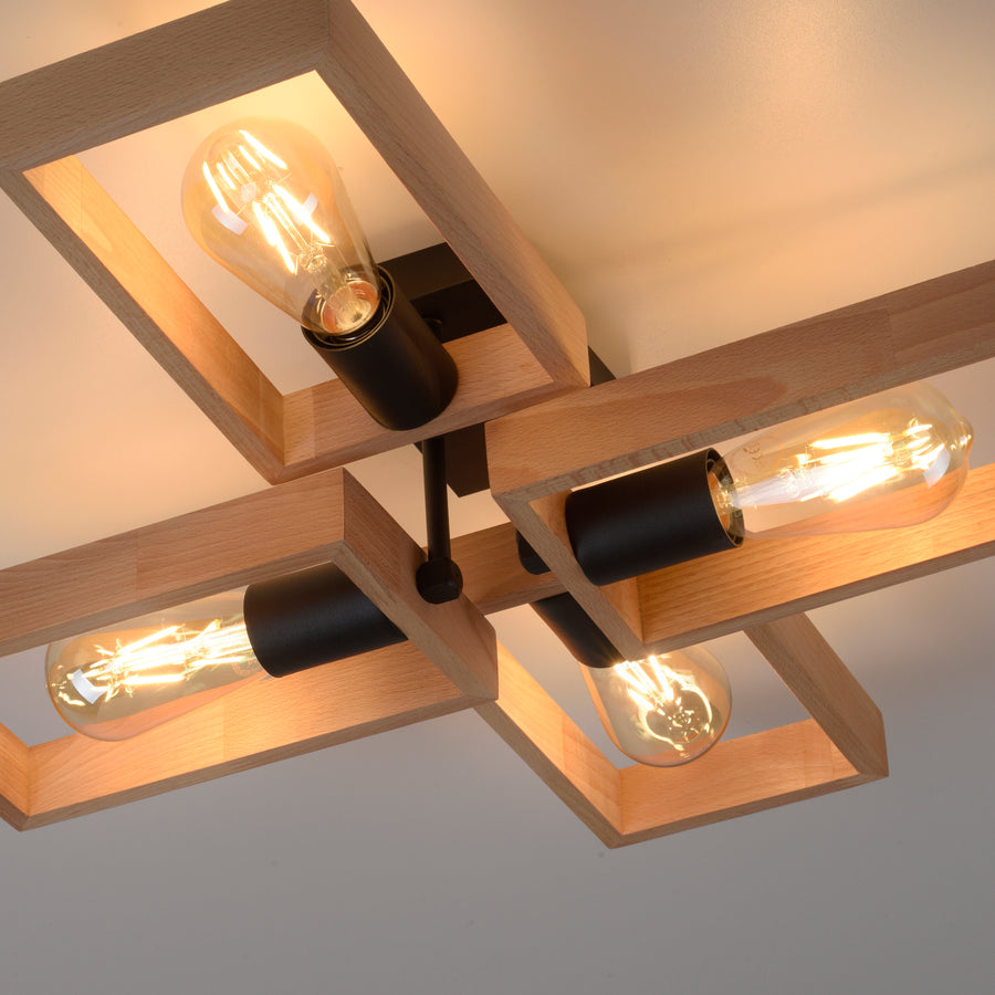 Plafonnier Franky 4 lumières noir et bois