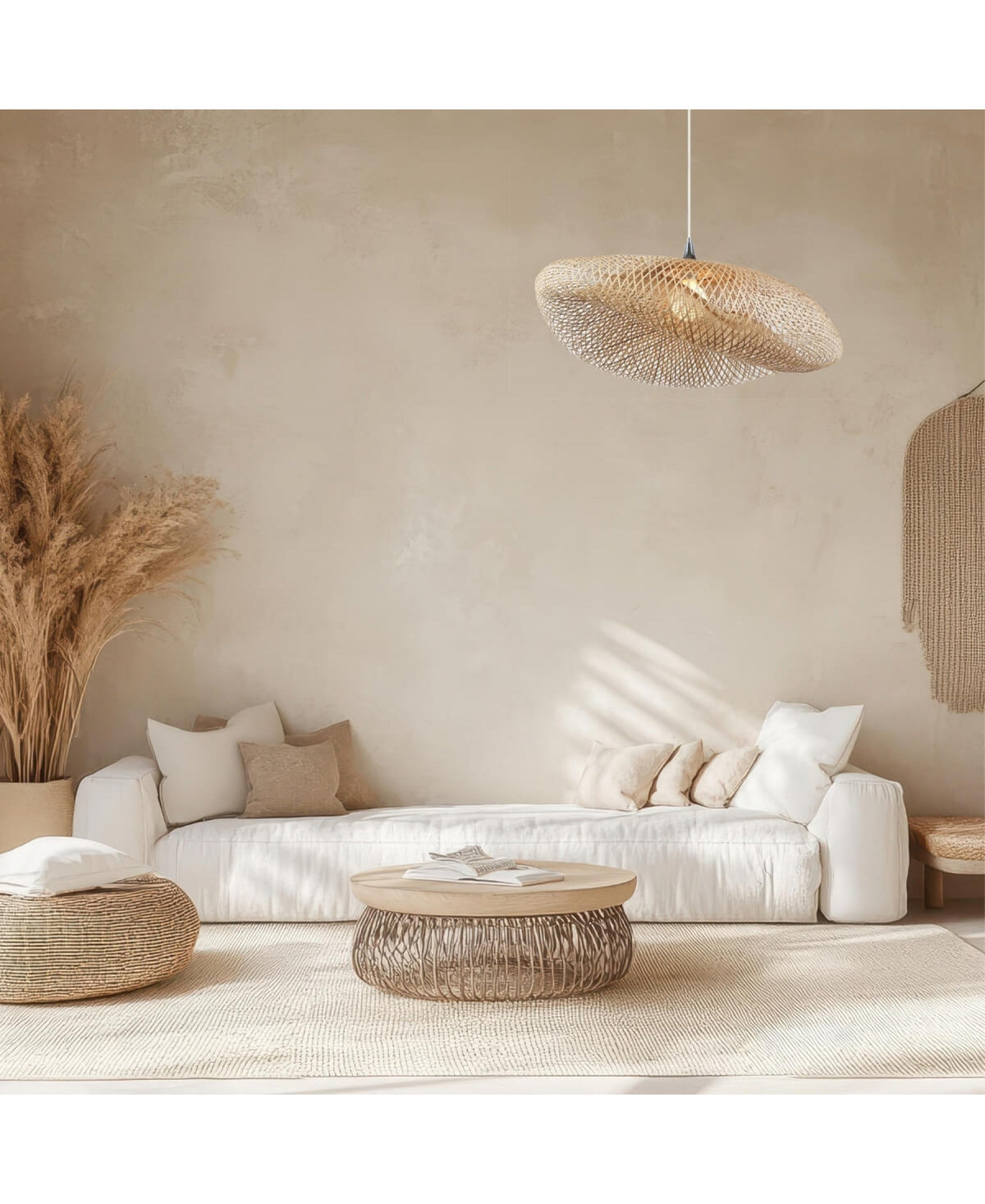 Vue large d'un intérieur aux tons sable, suspension suspendue et mobilier bas en rotin.