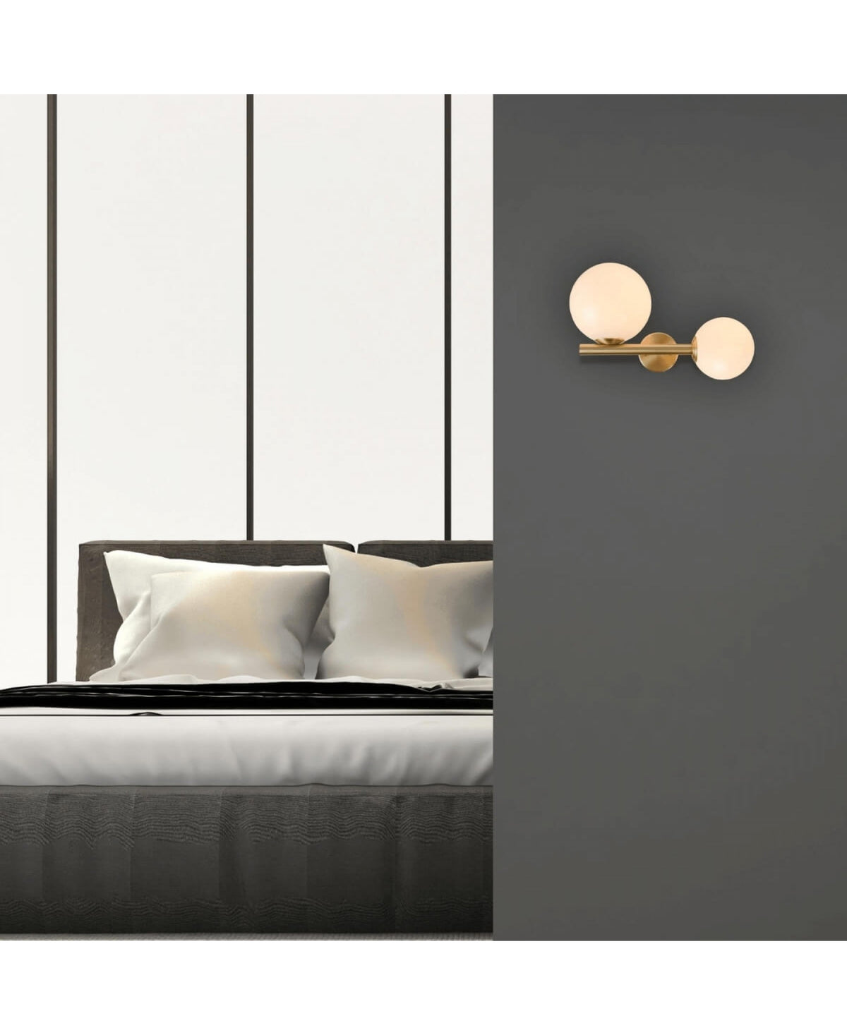 Détail de la pose murale près d'un lit gris, deux globes lumineux et tige dorée