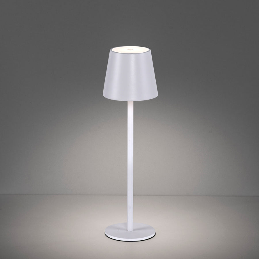 Lampe blanche allumée de face sur fond gris, lumière chaude diffusée vers le bas.