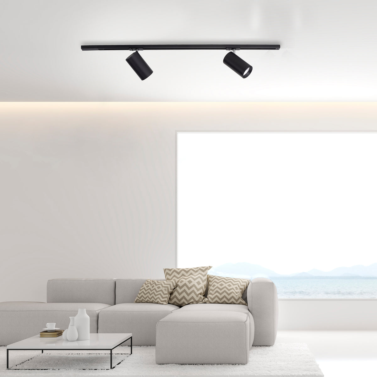Mise en ambiance dans un salon moderne, plafonnier rail noir fixé au plafond blanc.
