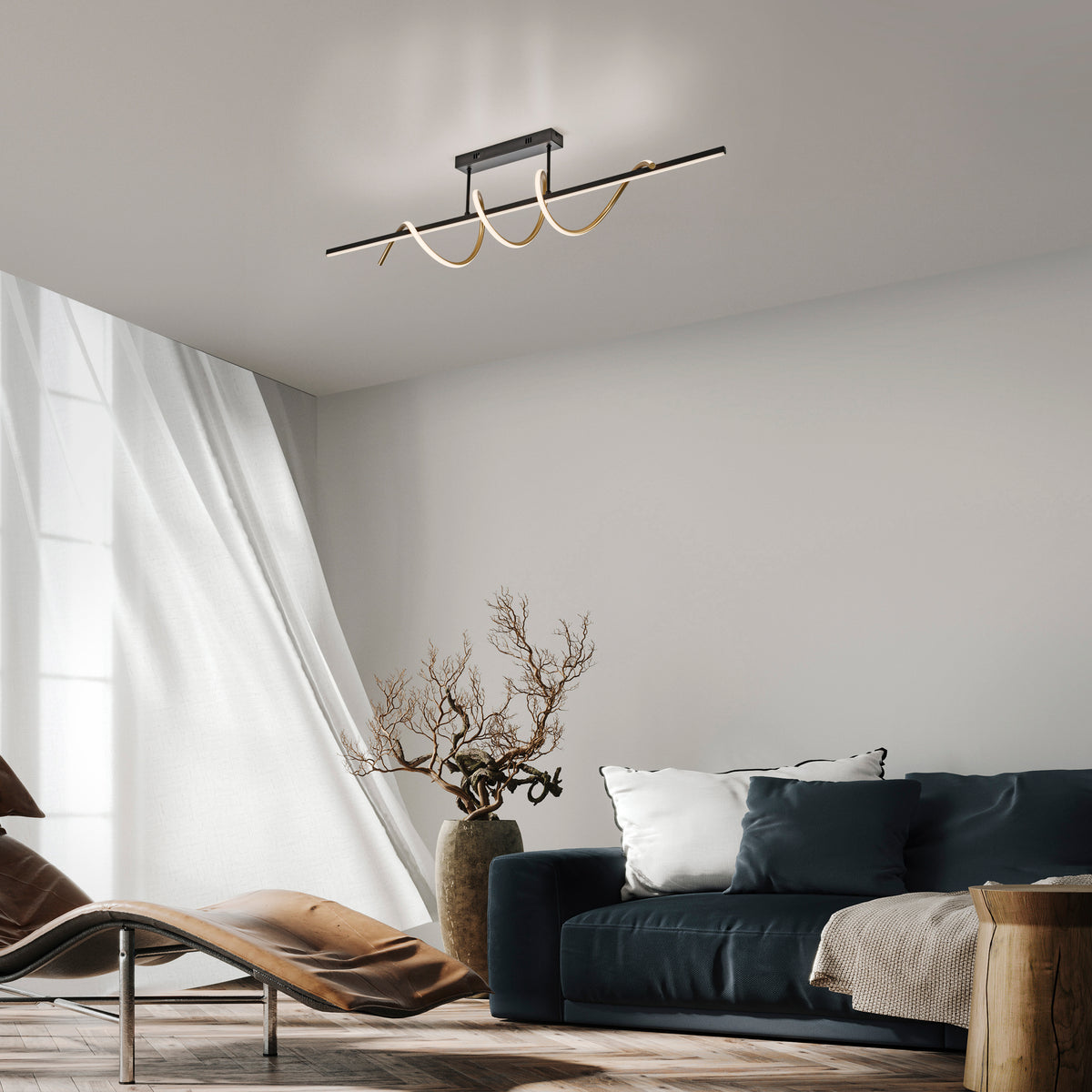 Mise en ambiance du plafonnier fixé au plafond d'un salon épuré
