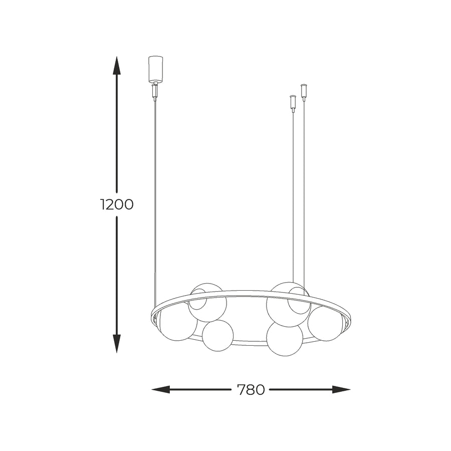 Schéma coté du luminaire avec hauteur 1200 mm et largeur 780 mm.