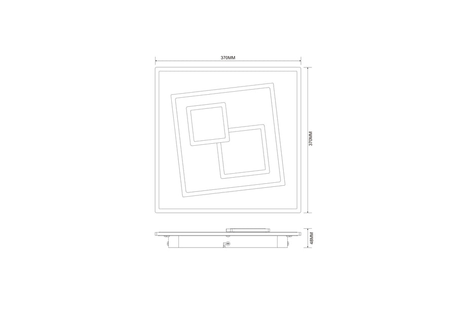 Schéma technique coté du plafonnier carré 370 mm par 370 mm et 48 mm