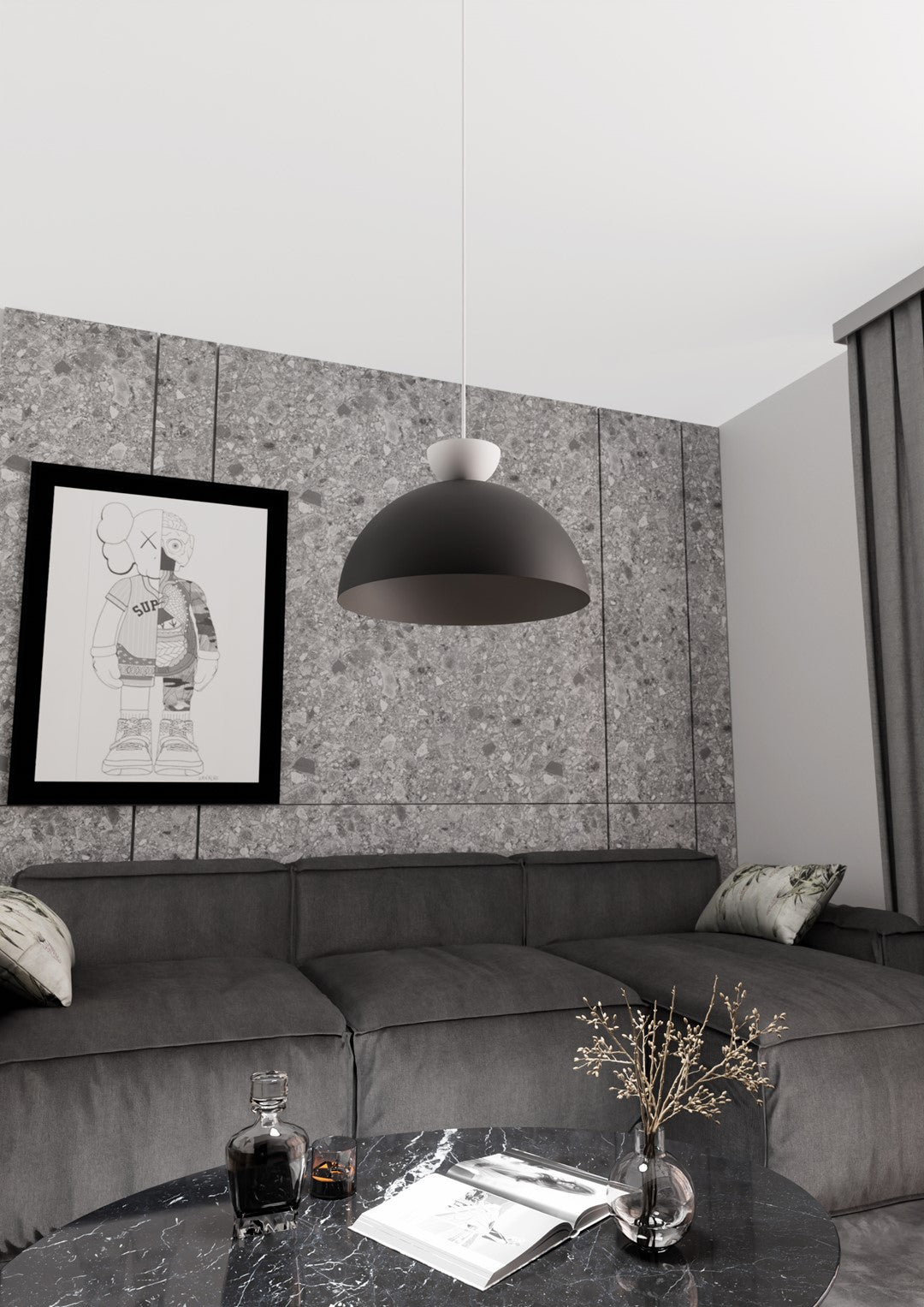 Suspension Lunaro 1 lumière noire et blanche, taille L