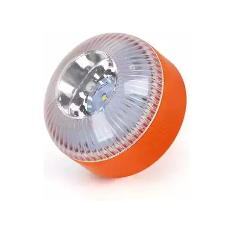 Vue de trois quarts du luminaire orange avec dôme transparent sur fond blanc.