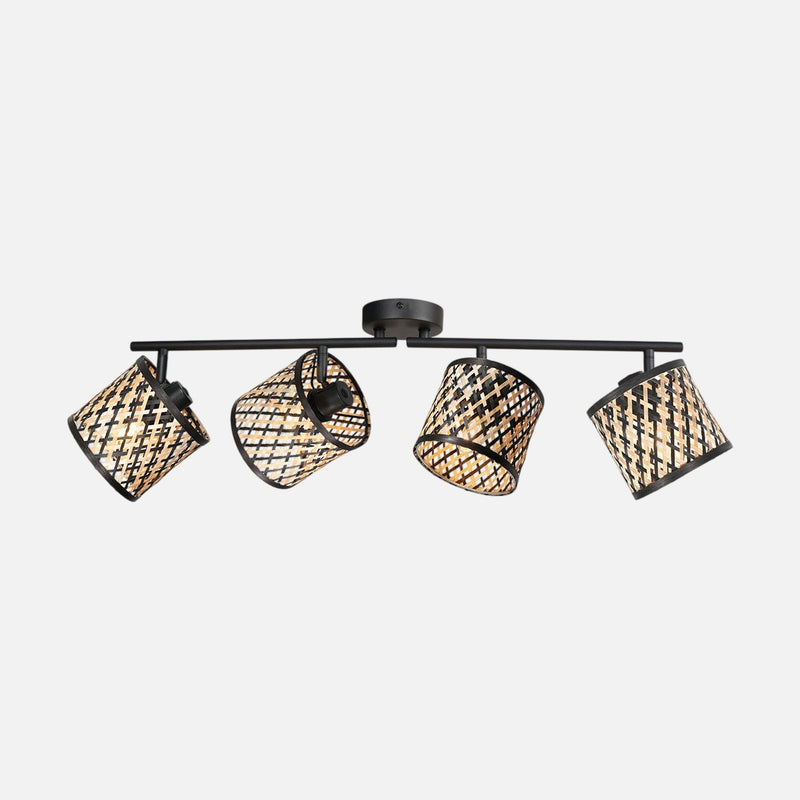 Plafonnier 4 spots bambou tressé noir et naturel, barre 73 cm | Timor