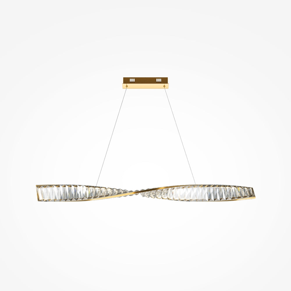 Vue de profil du luminaire, anneau doré torsadé avec cristaux taillés en facettes
