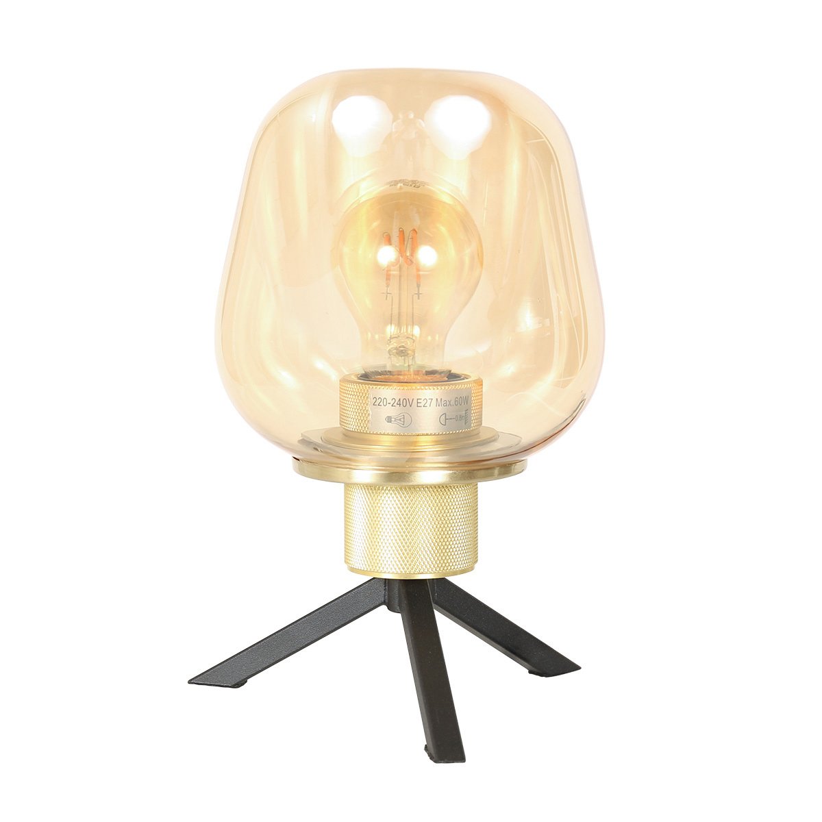 Vue de face de la lampe dorée, mettant en valeur le verre ambré et l'ampoule allumée.
