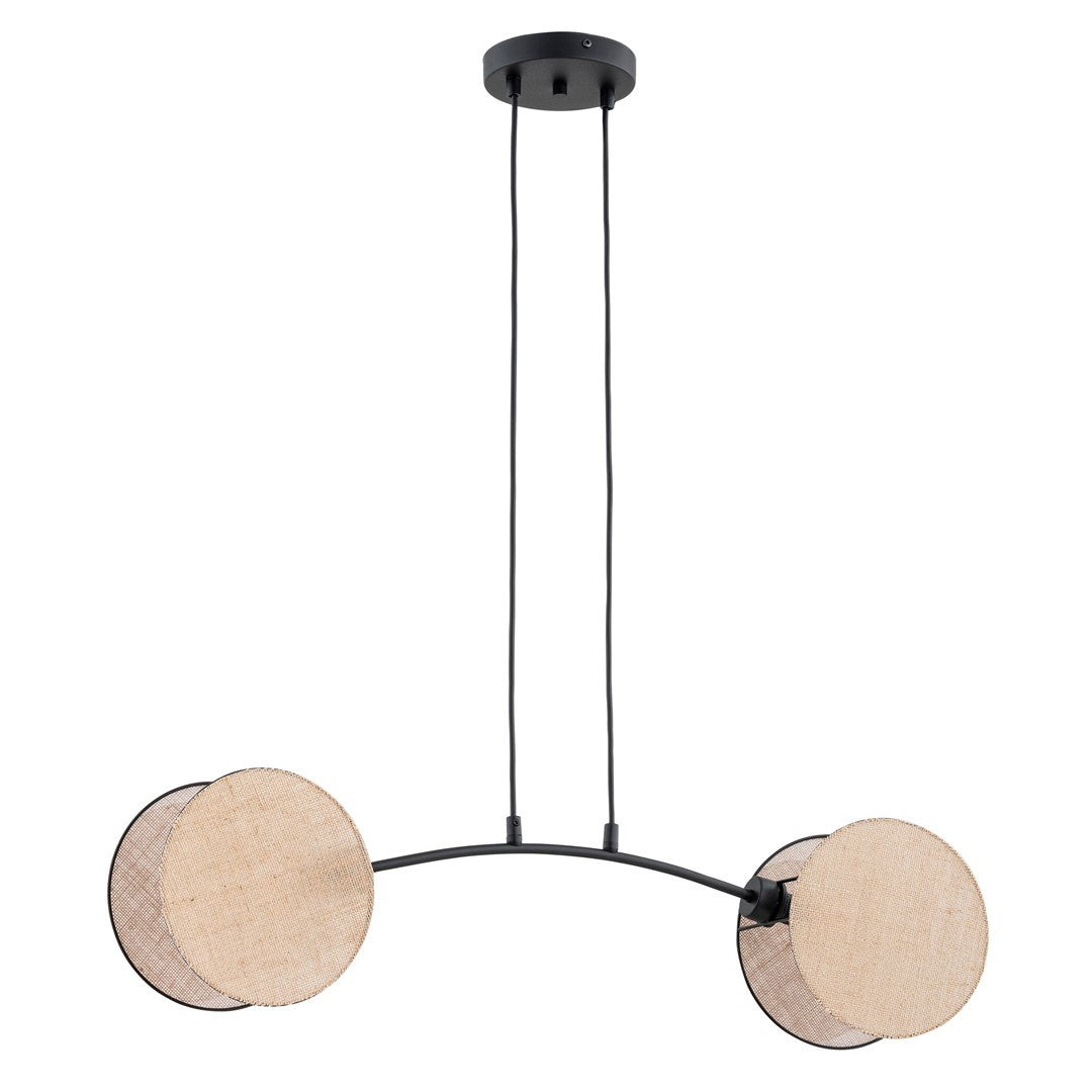 Vue d'ensemble du luminaire suspendu avec abat-jour ronds en fibres naturelles.