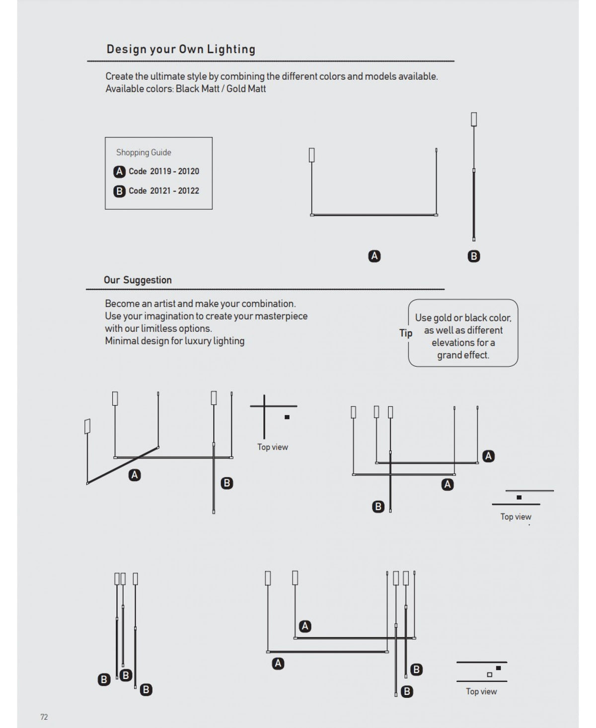 Schéma de combinaisons modulaires montrant plusieurs suspensions à différentes hauteurs