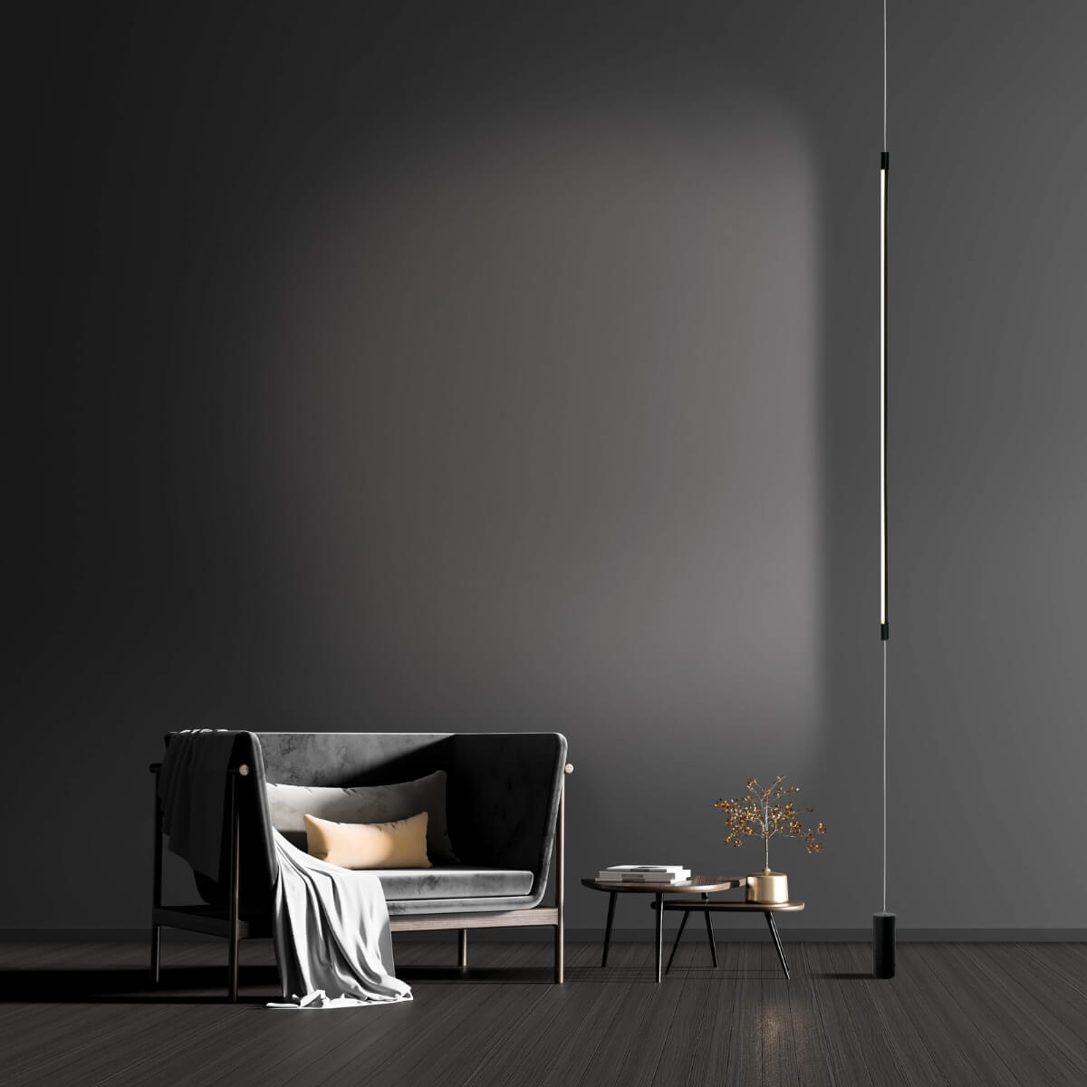 Plan large montrant le luminaire linéaire suspendu dans un salon gris anthracite