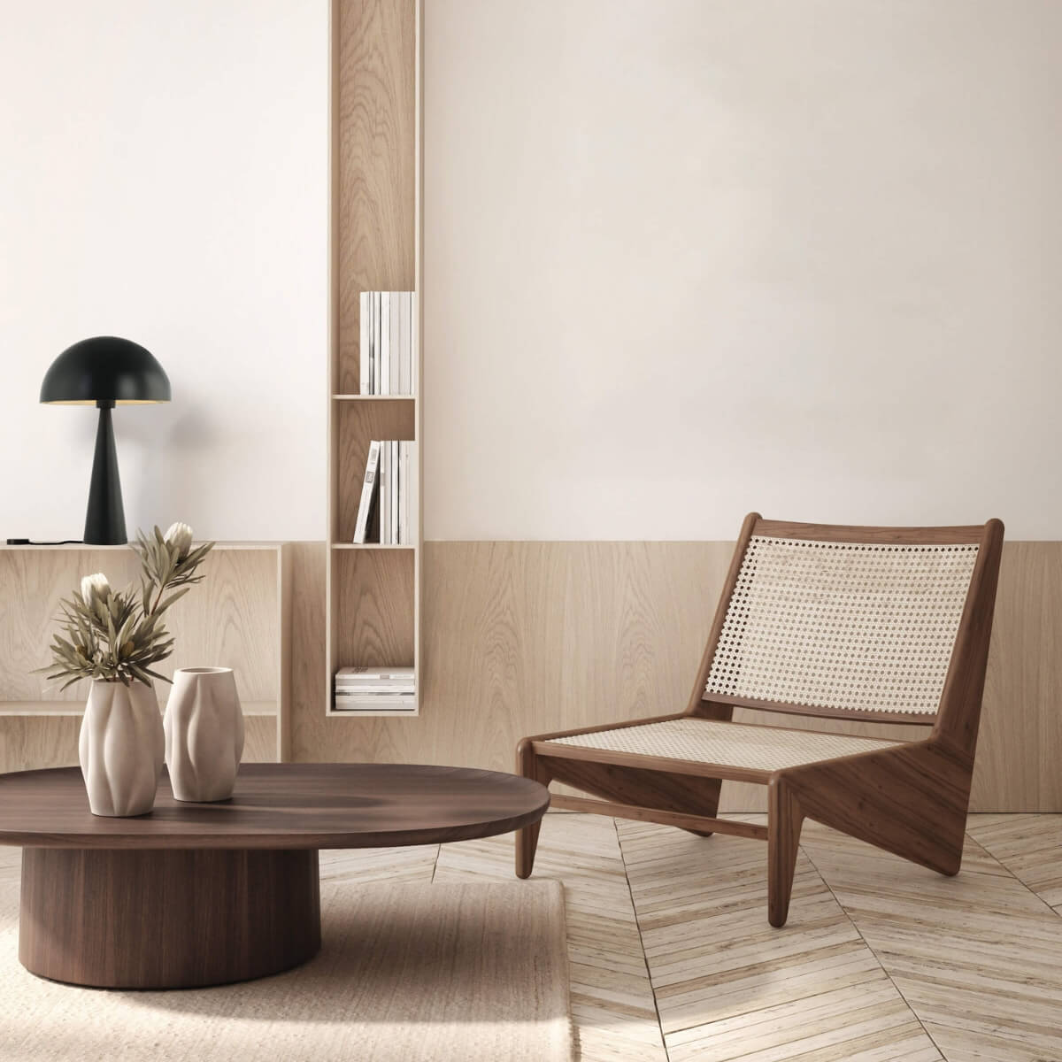 Mise en ambiance salon clair, lampe posée sur un meuble en bois