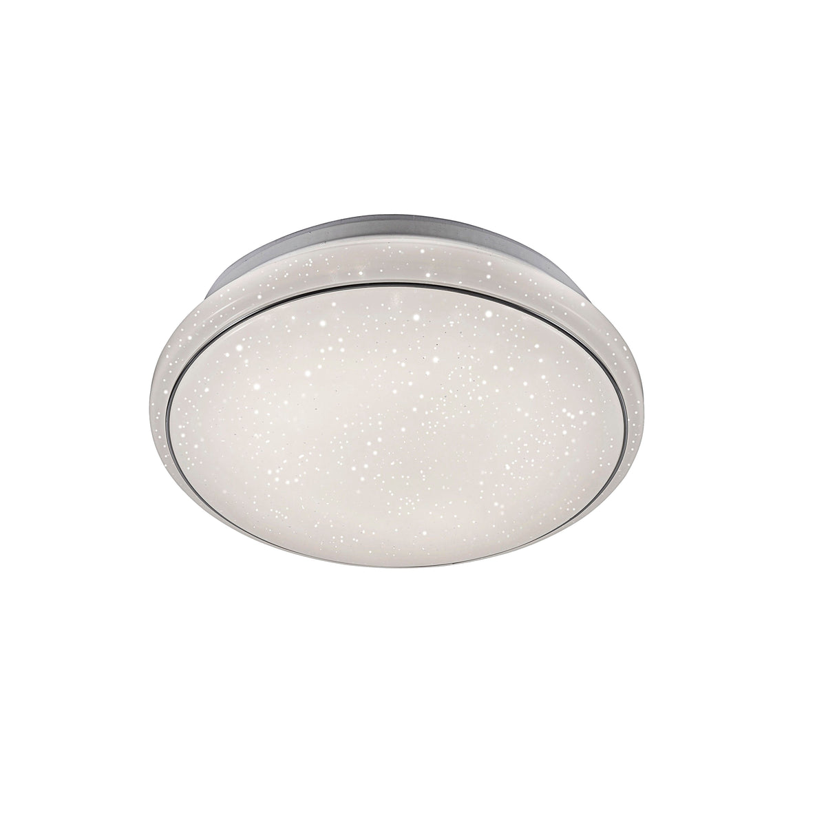 Vue de face du plafonnier rond au diffuseur moucheté sur fond neutre.