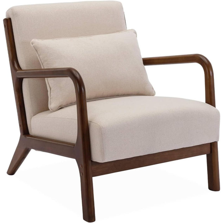 Alice'S Home - Fauteuil Tissu Beige Pieds Bois D'Hévéa Teinté Noyer. 1 Place Droit Fixe. Pieds Compas Scandinave. Structure En Bois Solide | Designix -     - https://designix.fr/