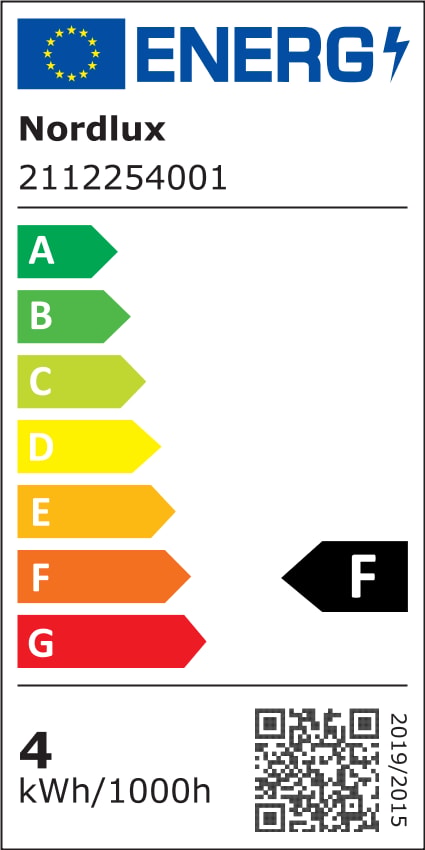 Étiquette énergétique européenne indiquant la classe F et 4 kWh pour 1000 heures.