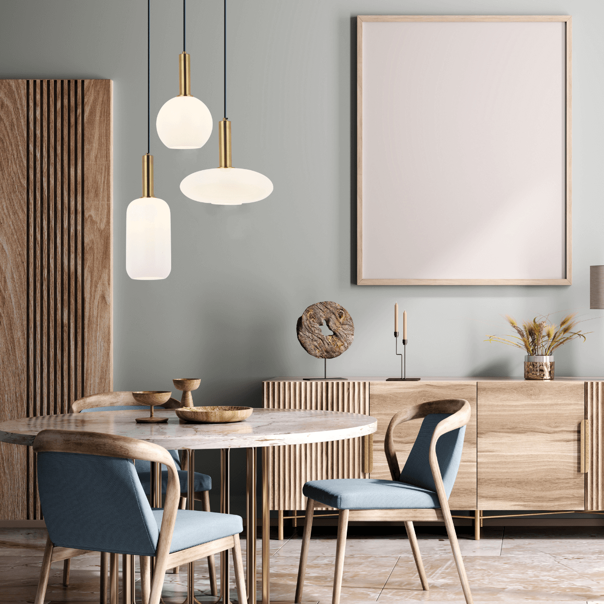 Vue rapprochée des suspensions au-dessus de la table ronde, ambiance bois et bleu.