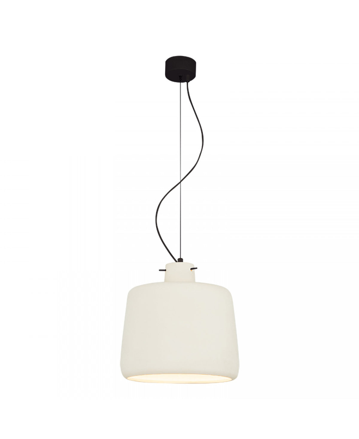 Produit blanc mat de trois quarts, détails du câble noir et de la fixation plafond