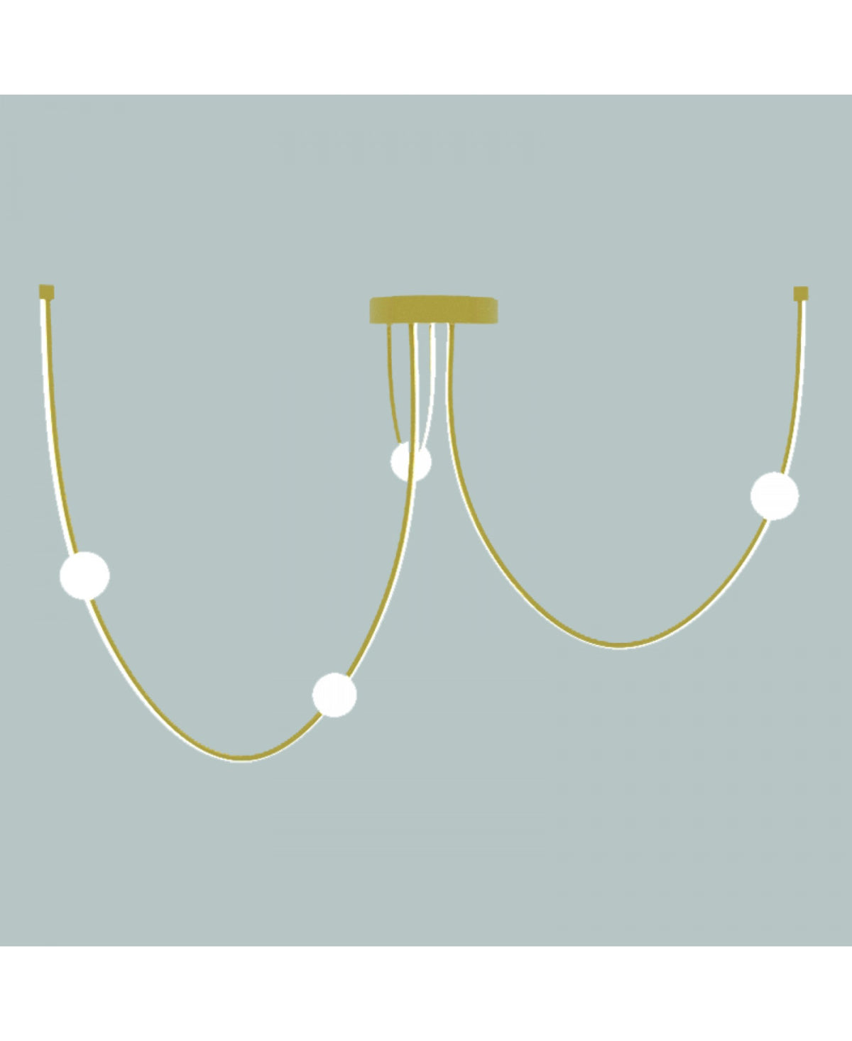 Vue rapprochée du luminaire sur fond gris vert, fixations et ampoules sphériques