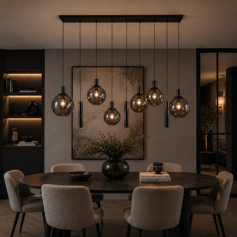 Suspension boule verre fumé noire, 9 lumières 160 cm pour salon | Bollique