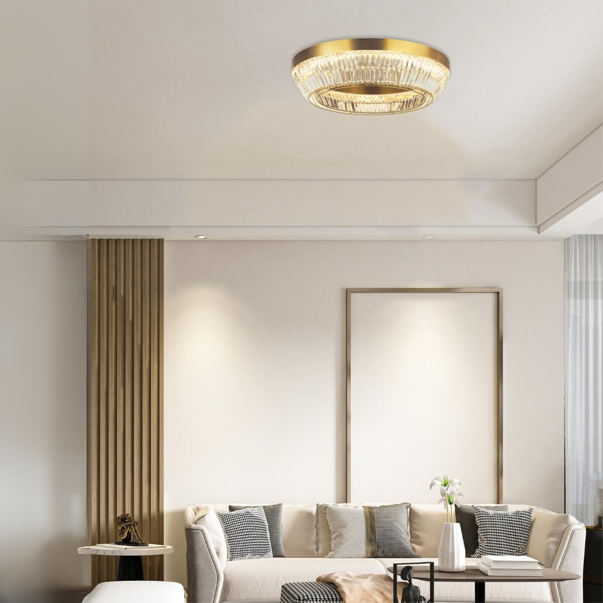 Vue rapprochée du luminaire fixé au plafond dans le salon