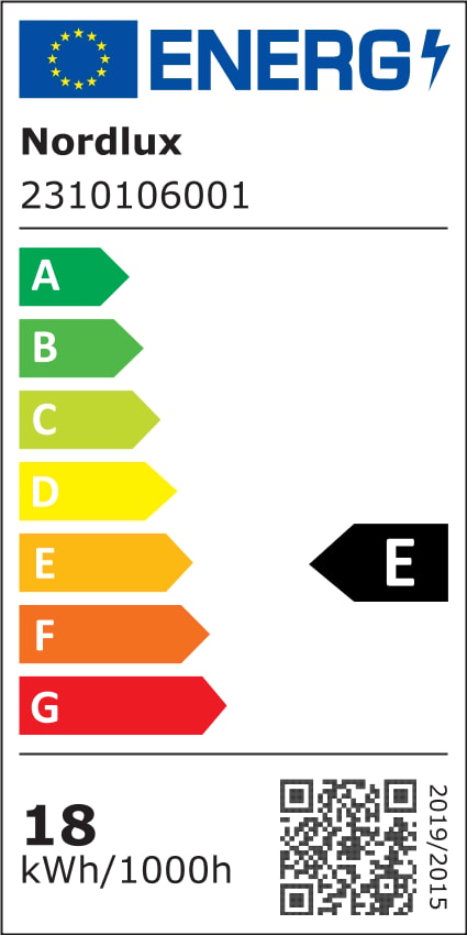 Étiquette énergie européenne classe E, consommation 18 kWh pour 1000 heures.