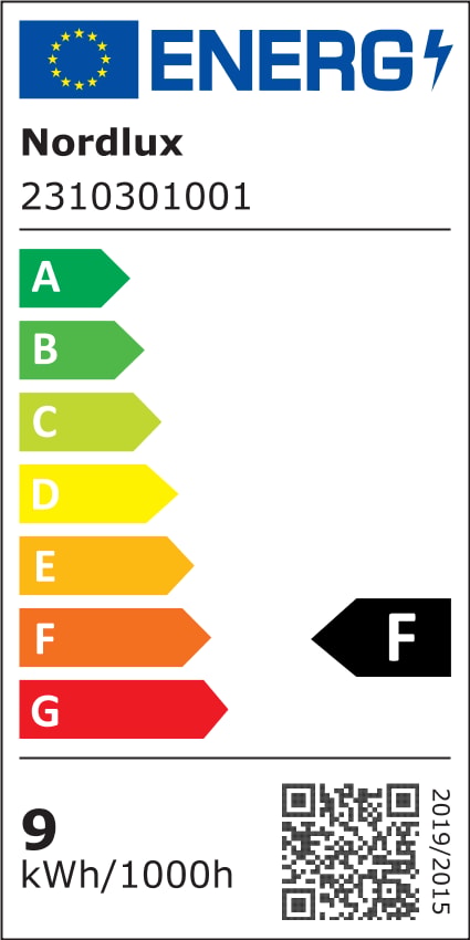 Étiquette énergétique européenne indiquant la classe F et la consommation de 9 kWh/1000h.