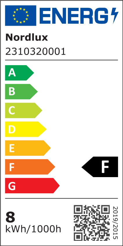 Étiquette énergie européenne Nordlux classe F, consommation huit kilowattheures par mille heures