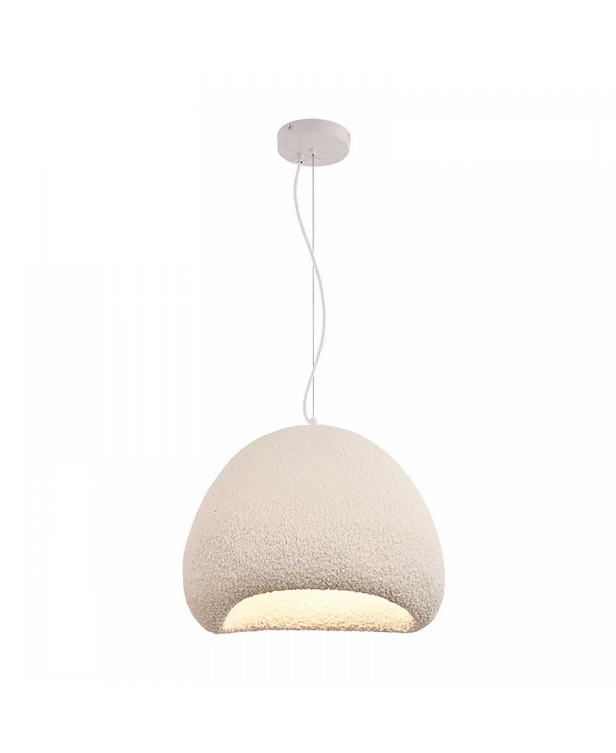 Détail de la surface bouclée de l'abat-jour et de la lumière chaude diffuse.
