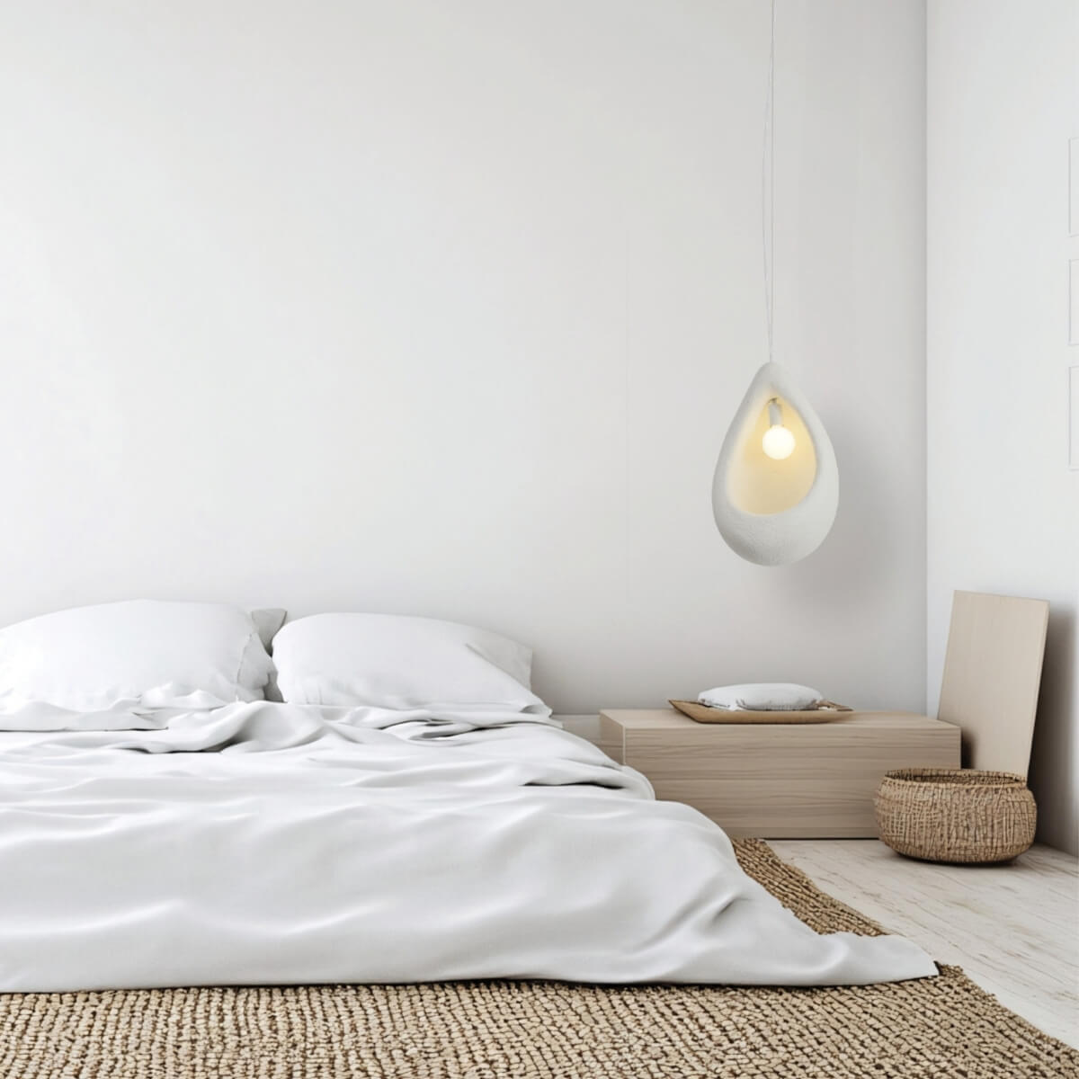 Vue large d'une chambre claire avec la suspension blanche au-dessus du lit, panier tressé au sol.