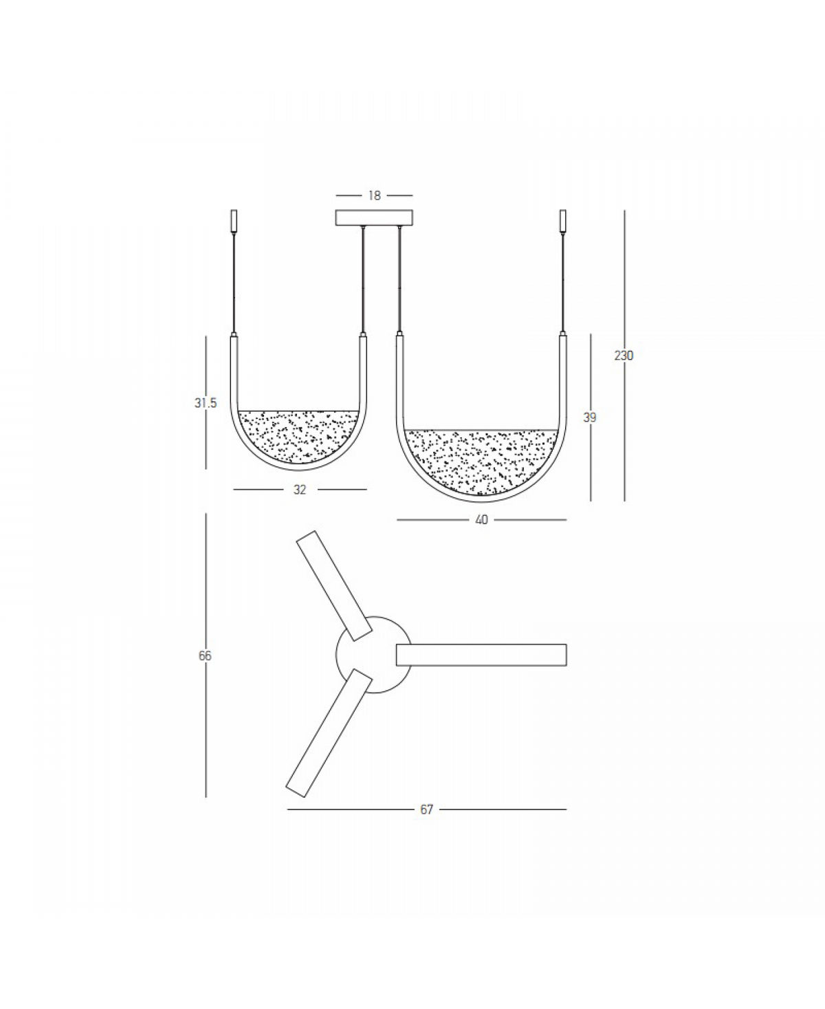 Schéma technique coté montrant hauteur, largeur et implantation des pendants