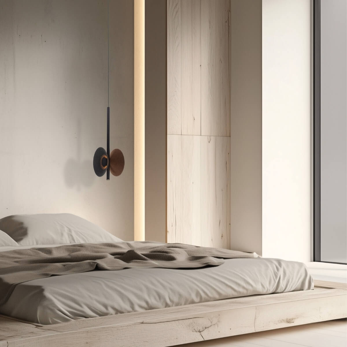Ambiance douce, suspension allumée au-dessus d'un lit dans une chambre épurée