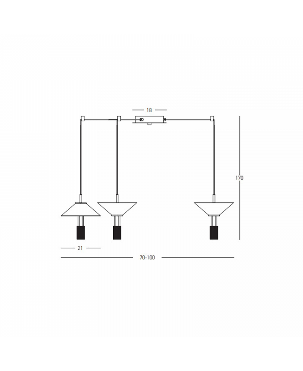 Schéma technique coté : hauteur 170 cm, largeur réglable de 70 à 100 cm