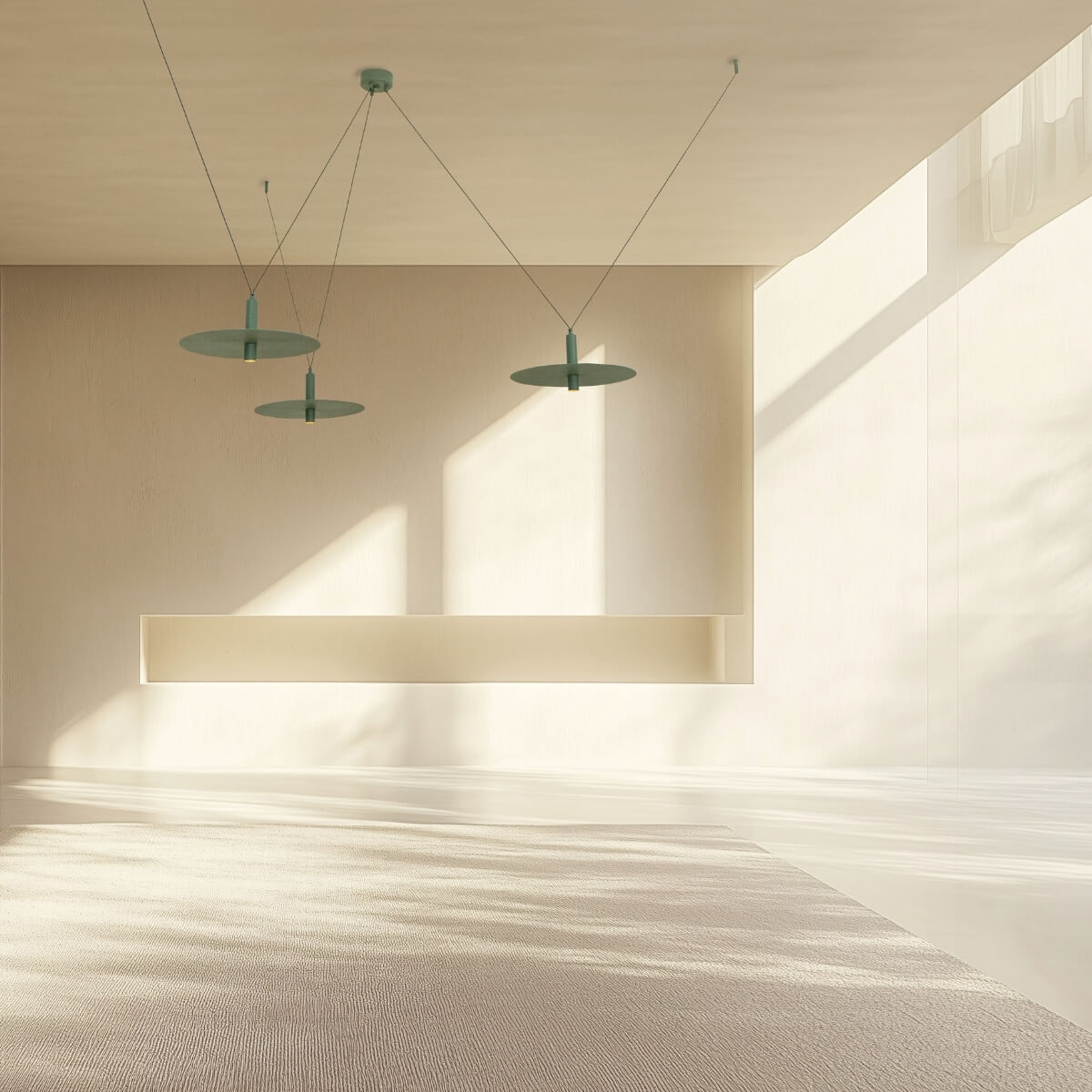 Vue d'ensemble du luminaire suspendu au plafond dans une pièce minimaliste très claire.