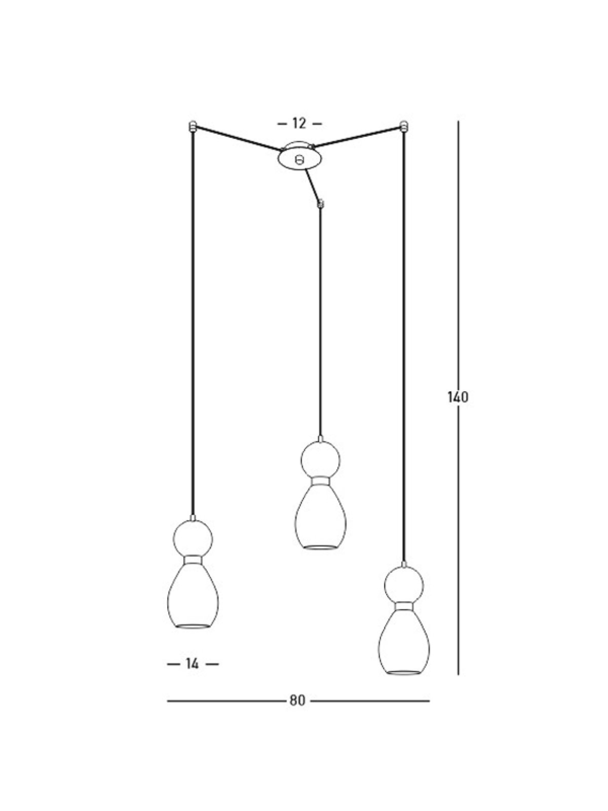 Schéma technique coté du luminaire, hauteur 140 cm et largeur 80 cm