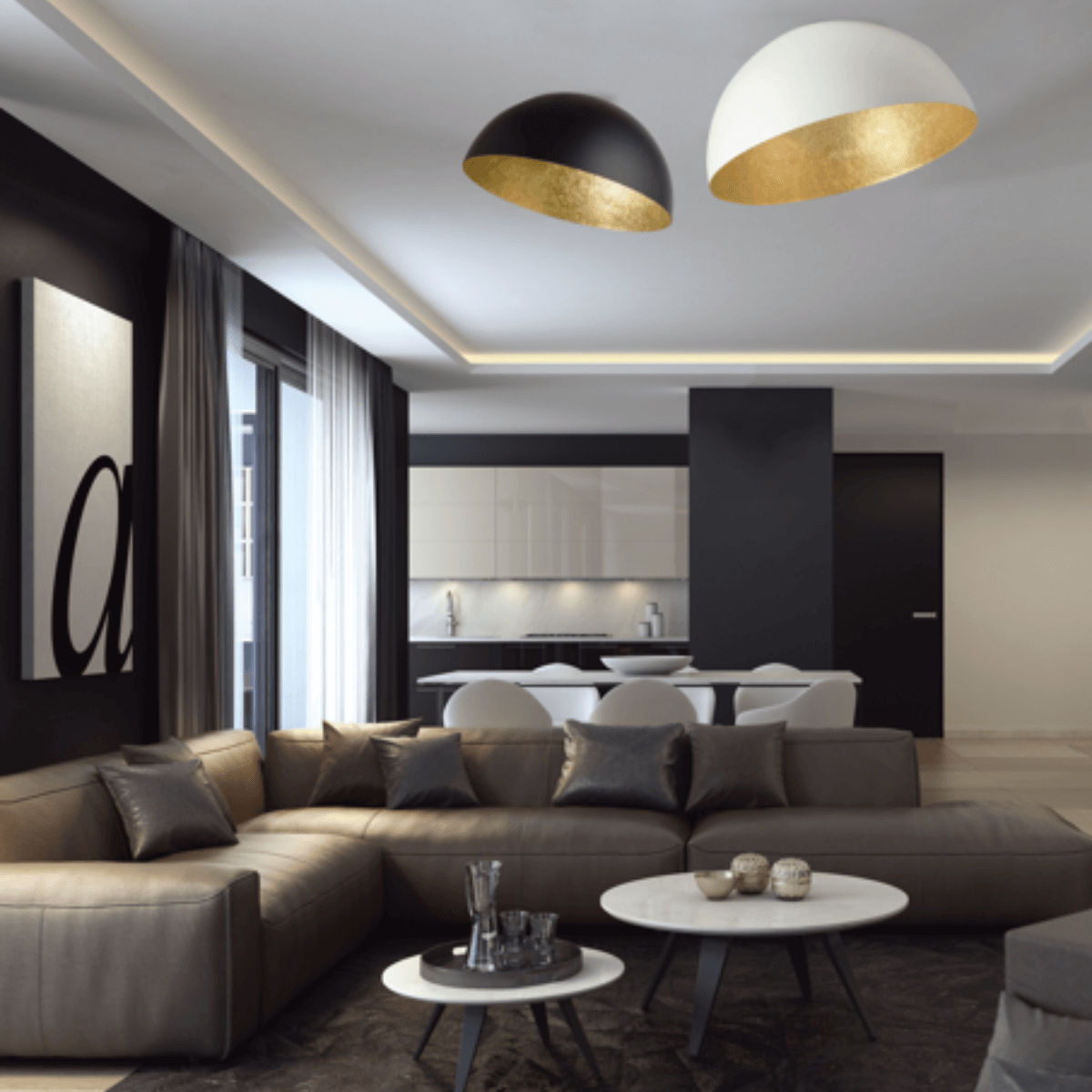 Mise en ambiance d'un séjour moderne avec deux plafonniers dôme fixés au plafond blanc