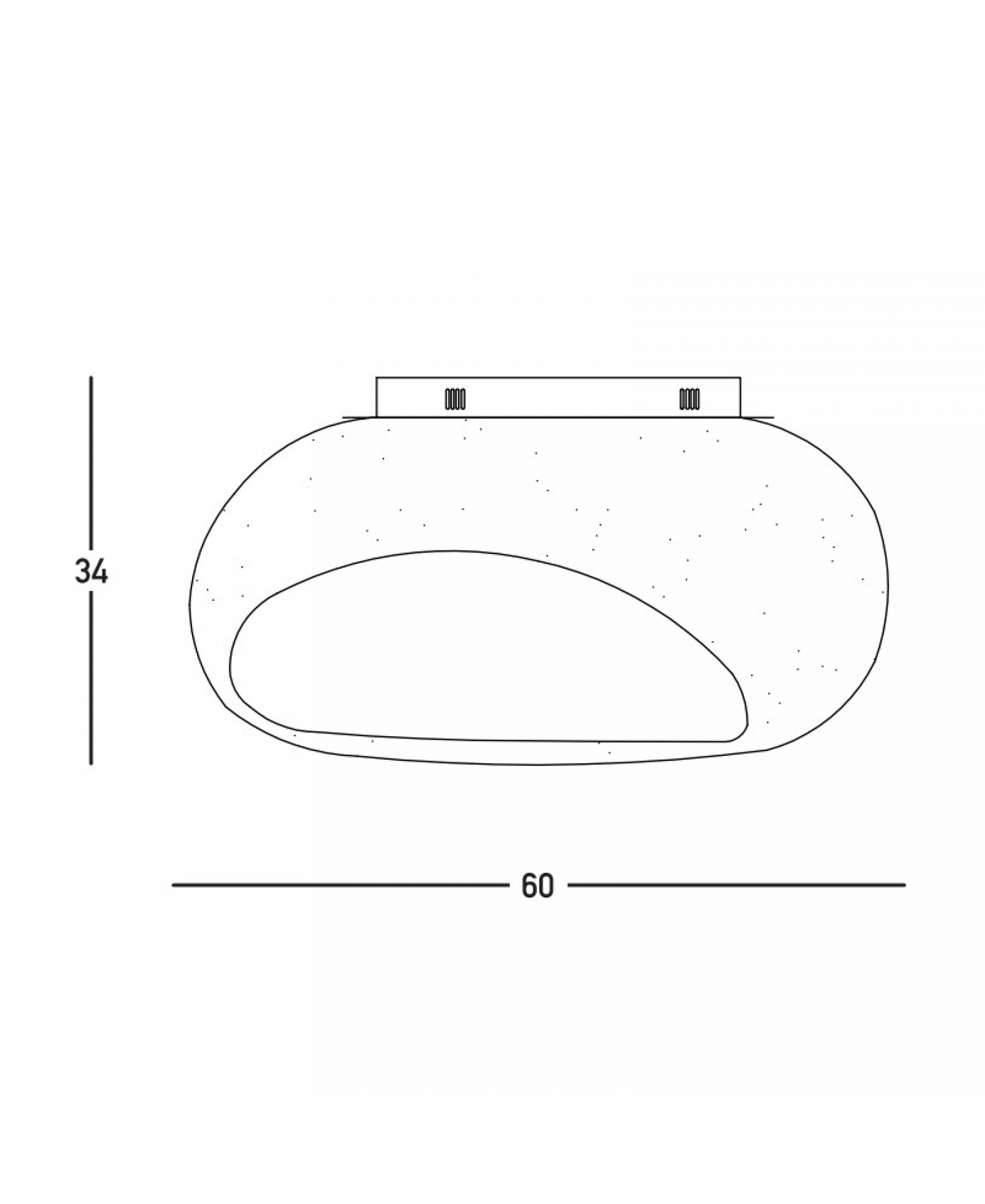Schéma technique coté du plafonnier, hauteur trente-quatre et diamètre soixante
