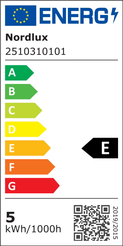 Étiquette énergétique européenne indiquant la classe E et la consommation du produit.