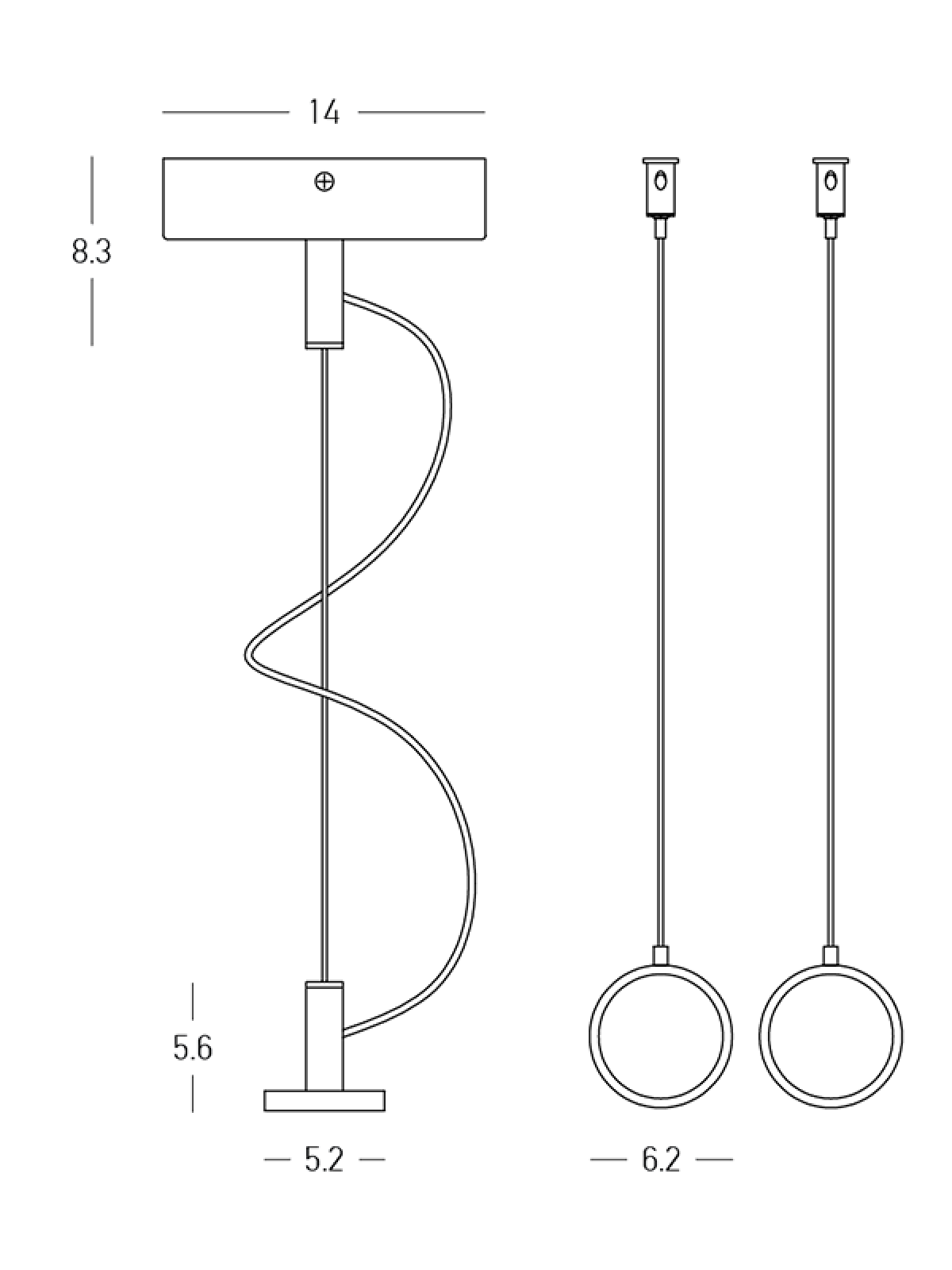 Schéma de dimensions coté montrant base de 14 cm et hauteur 8,3