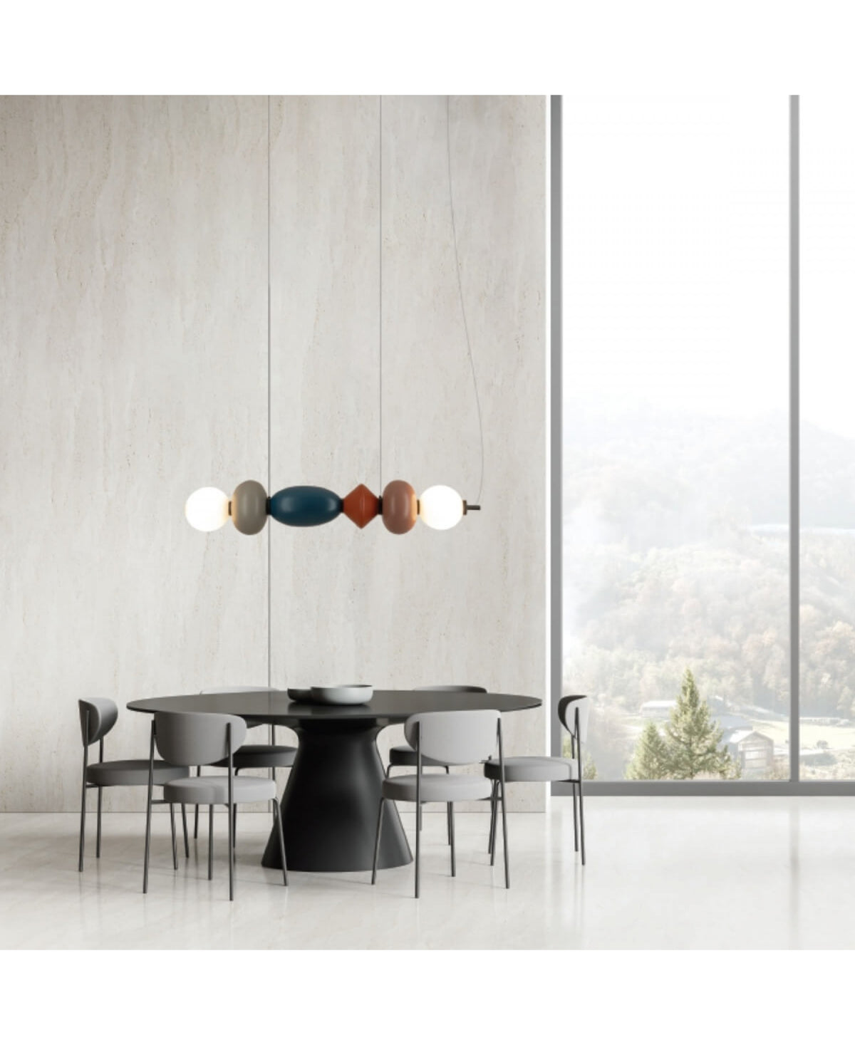 Vue en situation de la suspension colorée dans une salle à manger très lumineuse