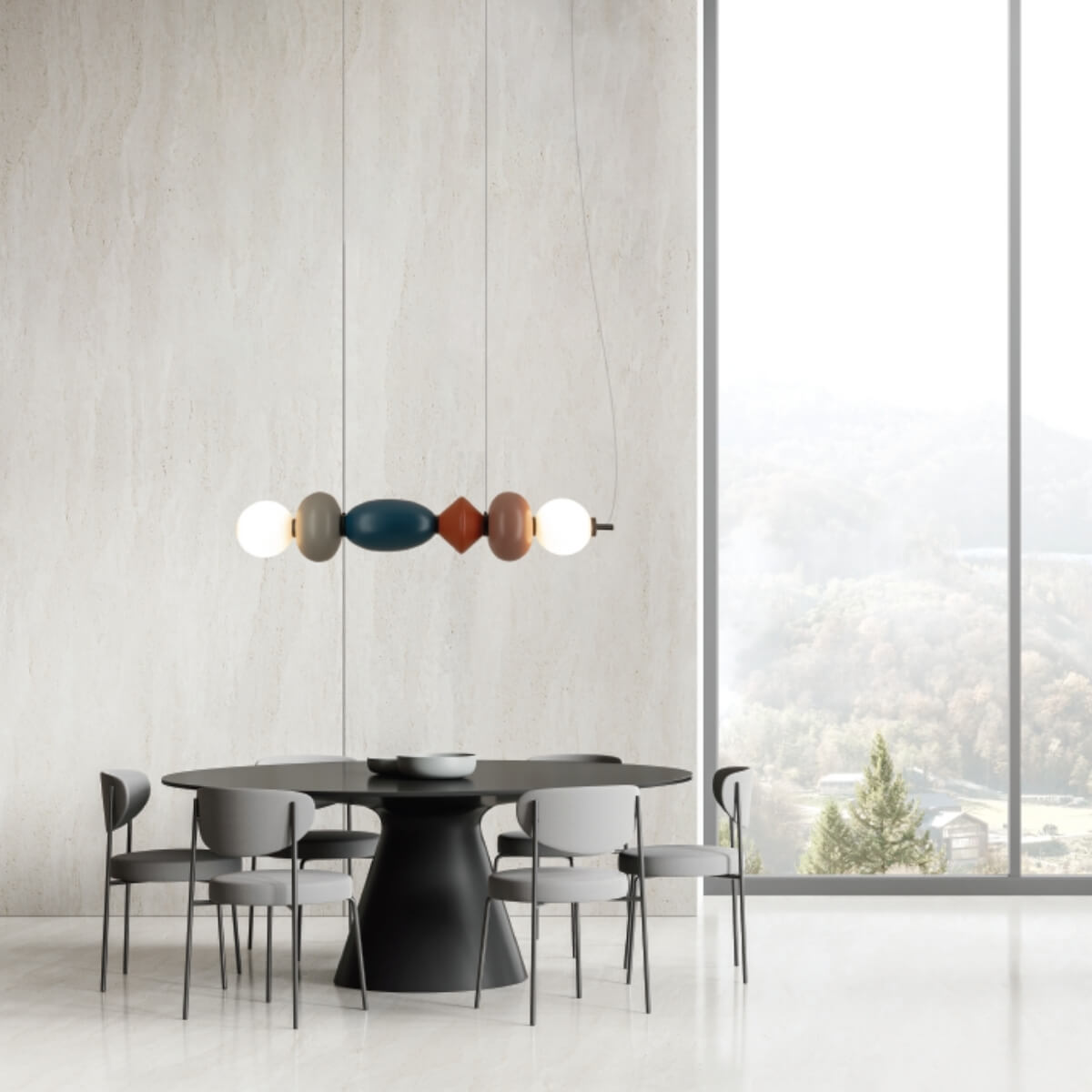Mise en ambiance : suspension linéaire multicolore au-dessus d'une table ronde noire