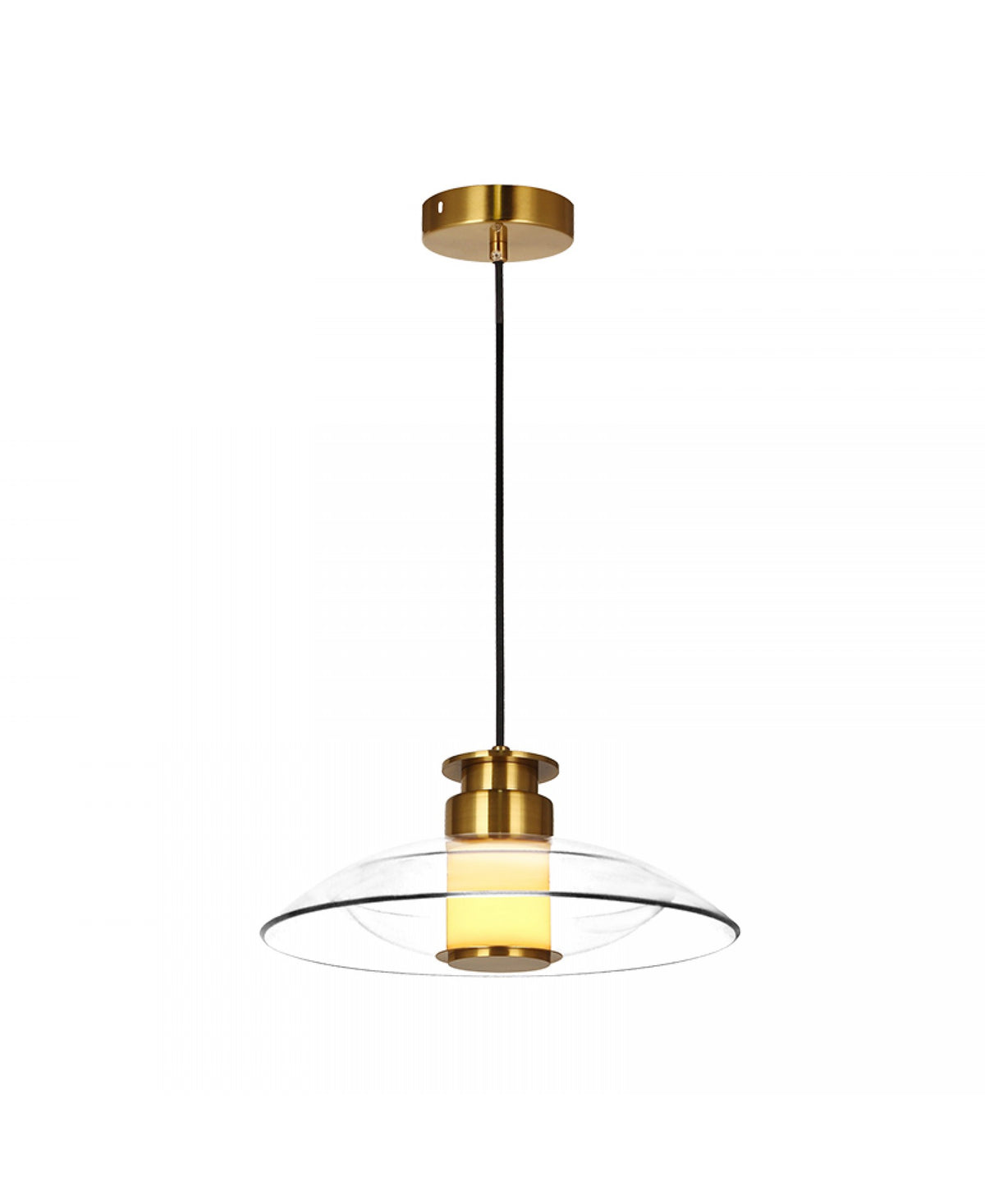 Vue de profil du luminaire suspendu avec câble noir et rosace plate